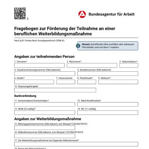 Dokumentvorschau: Wichtige Informationen zum Fragebogen für berufliche Weiterbildung — Behörden & Verwaltung (CERFA n°fragebogen-zur-foerderung-der-teilnahme-an-einer-beruflichen-weiterbildungsmassnahme_ba046152)