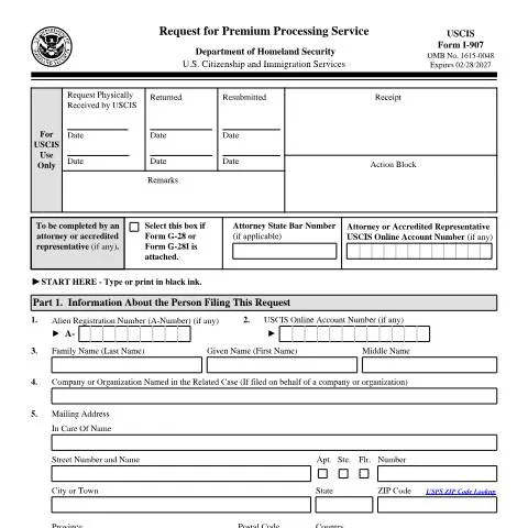 Document preview: Navigating USCIS Form I-907 for Premium Processing — Immigration & visas (CERFA n°I-907)