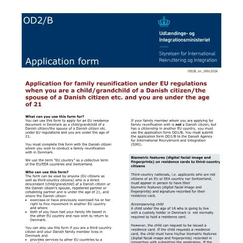 Document preview: Vejledning til familiesammenføring for unge under 21 år i Danmark — Immigration & visa (CERFA n°OD2/B)