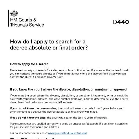 Document preview: How to Use Form D440 to Retrieve Your Divorce Decree Absolute — Legal & justice