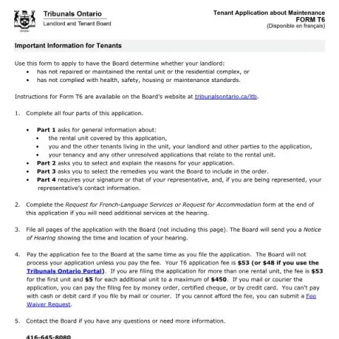 Document preview: Understanding the Tenant Application about Maintenance (Form T6) (English / French) — Housing (FORM T6)