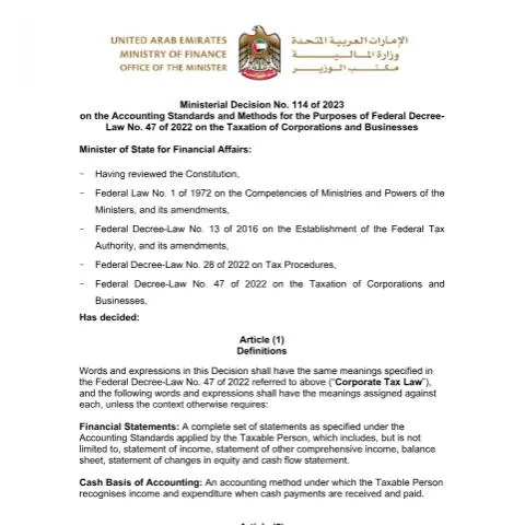 Document preview: Overview of UAE Ministerial Decision 114 of 2023 on Corporate Tax — Taxes (CERFA n°Ministerial Decision No (114) of 2023)
