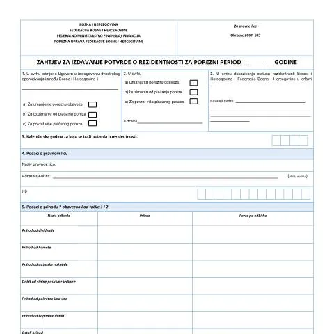 Document preview: Kako podnijeti zahtjev za potvrdu o rezidentnosti pravnih lica? — Porezi i fiskalnost (CERFA n°Obrazac ZCOR- 103)
