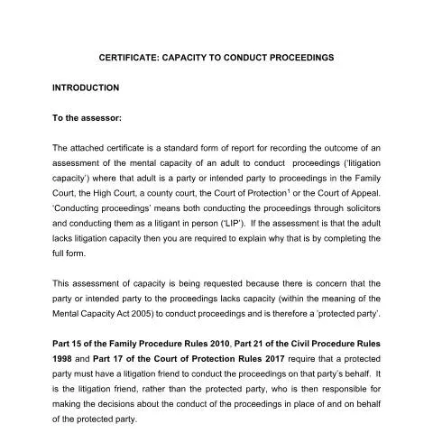 Document preview: Certificate as to Capacity to Conduct Proceedings: UK Assessment Guide — Legal & justice