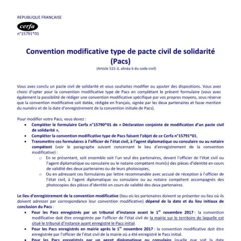 Aperçu du document Modifier votre Pacs avec le formulaire officiel — État civil & identité (Cerfa 15791*01)