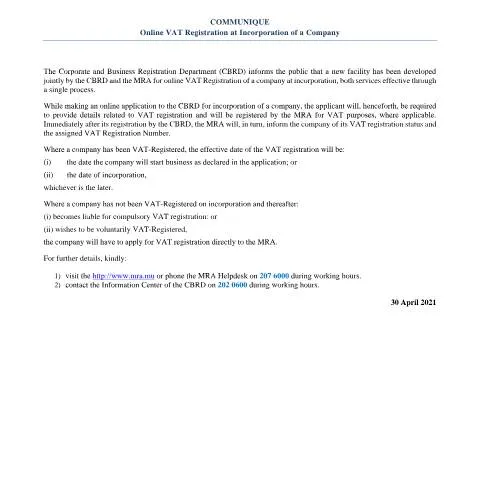 Document preview: Mauritius Company Registration Now Includes VAT — Government & admin (Communique-Pdf)
