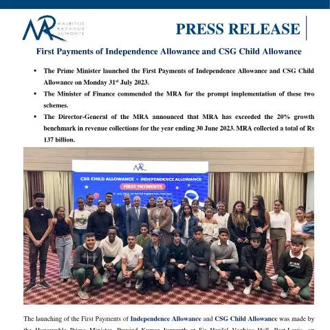 Document preview: Launch of Independence Allowance and CSG Child Allowance in Mauritius — Benefits & social aid (CERFA n°PressRelease310723)