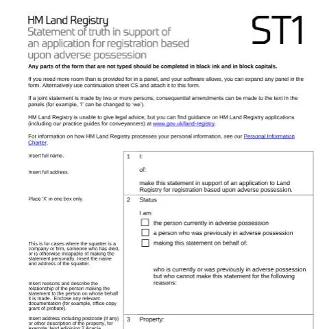Document preview: ST1 Statement of Truth for Adverse Possession: Legal Requirements — Government & admin