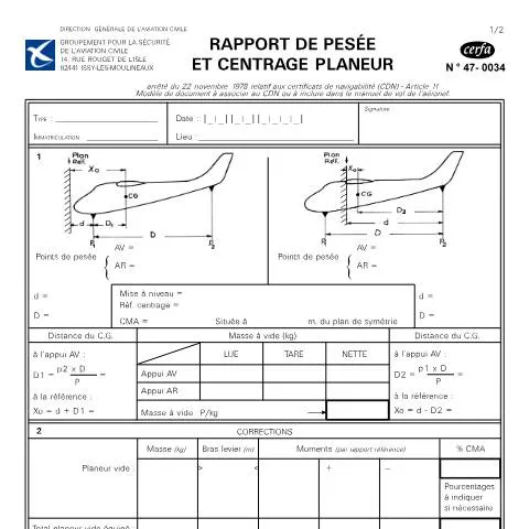 Aperçu du document Formulaire 47-0034 : pesée et centrage obligatoires des planeurs — Démarches administratives (CERFA n°47-0034)