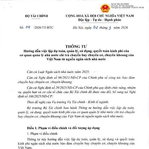 Document preview: Thông tư 14/2026/TT-BTC: Quản lý kinh phí chuyến bay chuyên cơ — Thủ tục hành chính (CERFA n°14/2026/TT-BTC)
