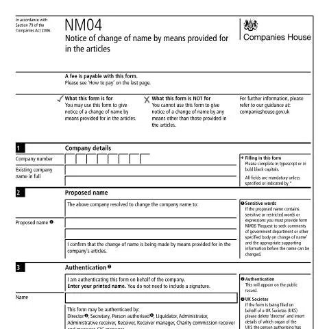 Document preview: How to Use NM04 Form for Company Name Changes Through Articles — Legal & justice