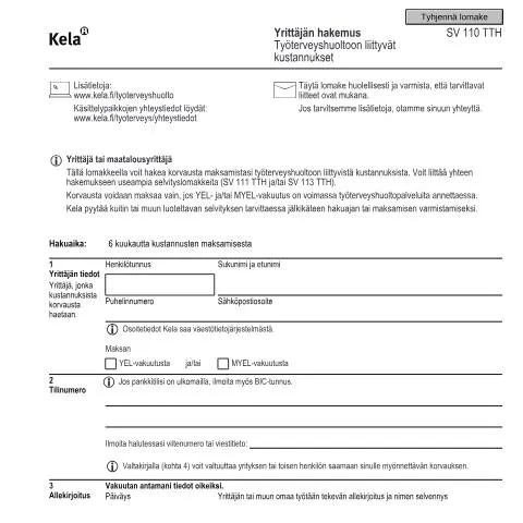Document preview: Työterveyshuoltoon liittyvät kustannukset yrittäjille — Terveys (CERFA n°Kela SV 110 TTH)