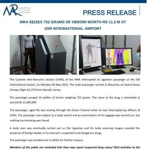 Document preview: Significant Heroin Seizure by MRA at SSR International Airport — Government & admin (PressRelease210522)