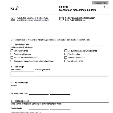 Document preview: Työnantajan maksaman palkan ilmoitus ja sen vaikutus kuntoutukseen — Hallinnolliset asiat (CERFA n°Kela Y 17)