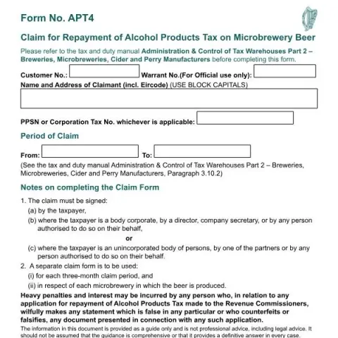 Document preview: How to Claim Repayment of Alcohol Products Tax on Microbrewery Beer — Taxes (APT4)