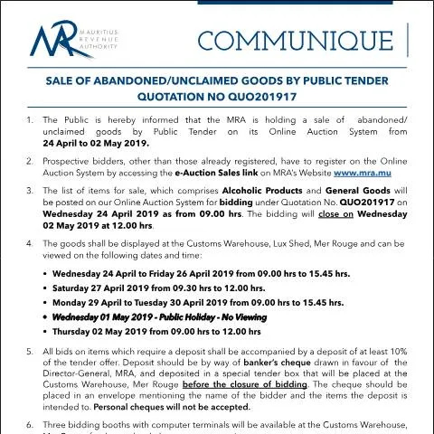 Document preview: Understanding Public Tender for Unclaimed Goods Sale — Government & admin (Communique17of2019)