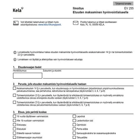 Document preview: Etuuden maksaminen hyvinvointialueelle: Kela EV 255 — Hallinnolliset asiat (CERFA n°Kela EV 255)