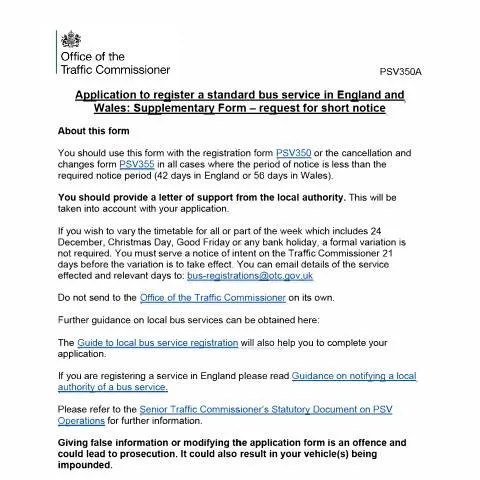 Document preview: How to Apply for Emergency Bus Service Changes Using PSV350A Form — Government & admin