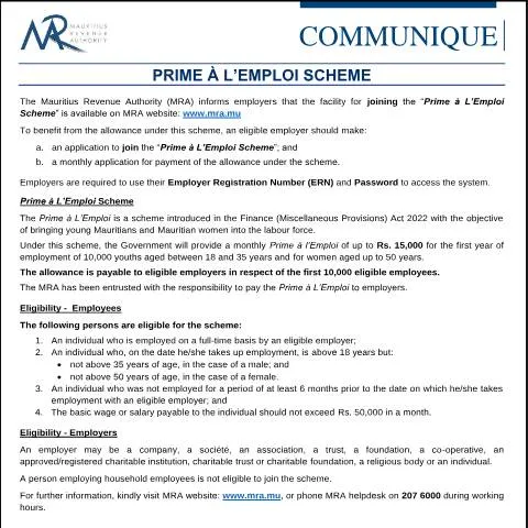 Document preview: Official Guidance on Mauritius Prime Employment Bonus Scheme — Work & employment (CERFA n°CommuniquePrimeDemploi060922)