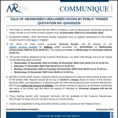 Document preview: Understanding the Sale of Unclaimed Goods by Public Tender — Government & admin (CommuniqueQuo202226)