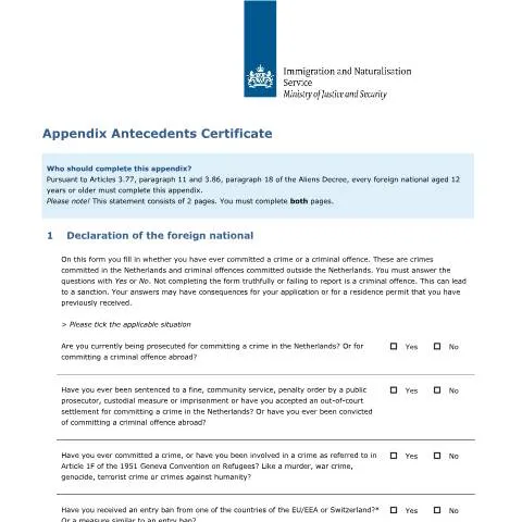 Documentvoorvertoning: Belang van het Appendix Antecedents Certificate in Nederland — Immigratie & visa (CERFA n°7601)