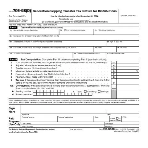 Document preview: Navigating IRS Form 706-GS(D) for Effective Estate Planning — Taxes (CERFA n°706GSD)