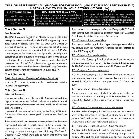 Document preview: Key Insights on Individual Return 1A in Mauritius — Government & admin (Return1Anotes2011)