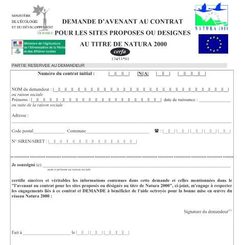 Aperçu du document Comment modifier un contrat Natura 2000 avec un avenant — Démarches administratives (CERFA n°12453*01)