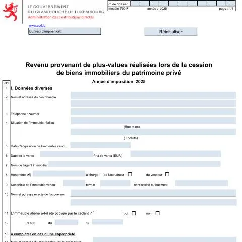 Aperçu du document Guide sur le formulaire 700 F pour les plus-values d'immeubles — Impôts & fiscalité (CERFA n°700 F)