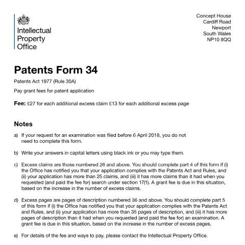 Document preview: Understanding UK Patent Grant Fees and Form PF34 Requirements — Government & admin