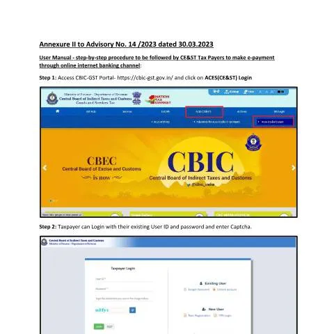 Document preview: Comprehensive Guide to Online GST e-Payment: Annexure II Advisory 14 — Taxes (CERFA n°Annexure-II-Advisory-14-2023-300323-User-Manual-Online-inter)