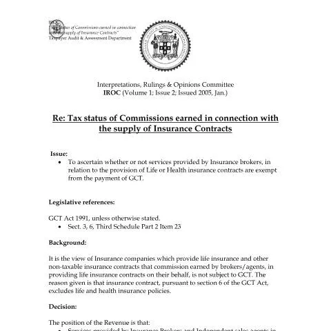 Document preview: Understanding Taxation of Insurance Commissions in Jamaica — Taxes (CERFA n°2005+iroc.gct+-+tax+status+of+commissions+-the+supply+of+insurance+contracts)