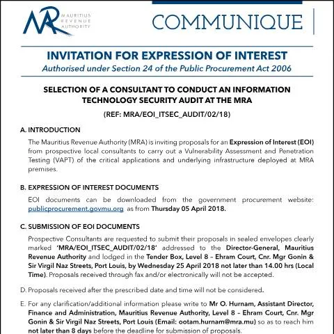 Document preview: Mauritius Revenue Authority Calls for IT Security Audit Experts — Government & admin (Communique060418)