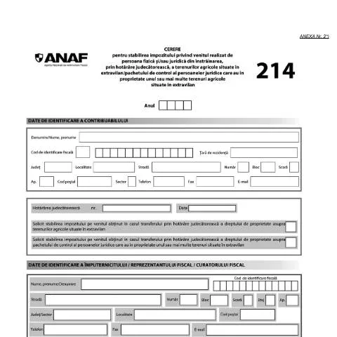 Document preview: Stabilirea impozitului pe venitul din terenuri agricole în România — Impozite & fiscalitate (CERFA n°214_OPANAF_216_2023)