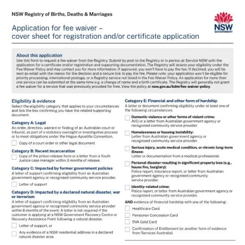 Document preview: Guide to NSW Form 70: Fee Waiver Application Process — Civil status & identity (Form 70)