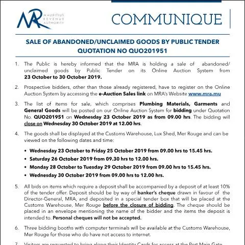 Document preview: Unlock Value: Abandoned Goods Sale Insights — Government & admin (Communique51of2019)