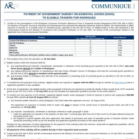 Document preview: Guide to GSOG Payments for Rodrigues Traders — Government & admin (GSOGRodrigues190721)