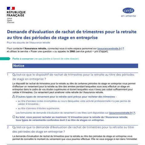 Aperçu du document Comment racheter des trimestres de retraite pour vos stages étudiants — Emploi & travail (CERFA n°15542*01)