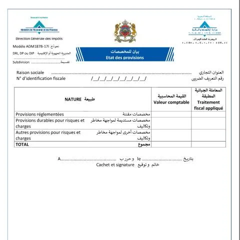 Aperçu du document Présentation de l'état des provisions pour l'impôt au Maroc — Impôts & fiscalité (CERFA n°ADM187B-17I)