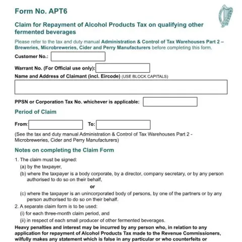 Document preview: Claim Repayment of Alcohol Products Tax Using Form APT6 — Taxes (APT6)