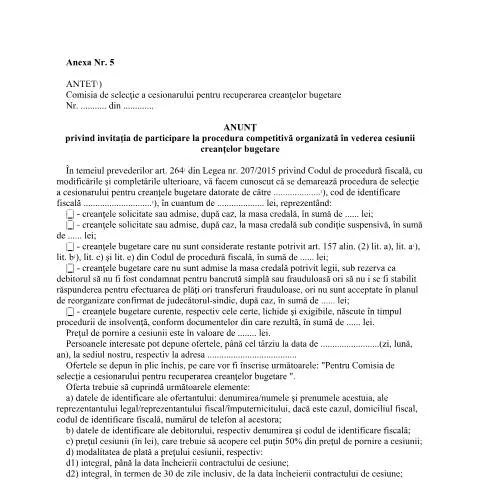 Document preview: Invitație la procedura de cesiune a creanțelor bugetare — Impozite & fiscalitate (CERFA n°Anunt_OPANAF_1940_2023)