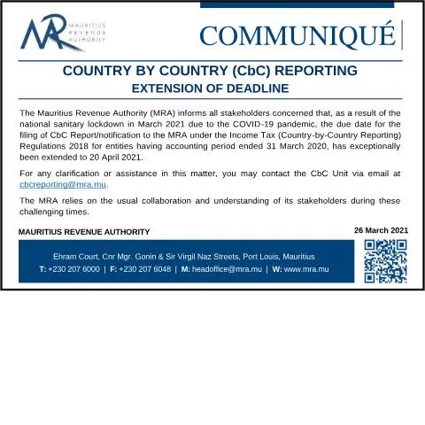Document preview: Understanding CBCR and Its Deadline Extension in Mauritius — Government & admin (CERFA n°CBCRExtension260321)