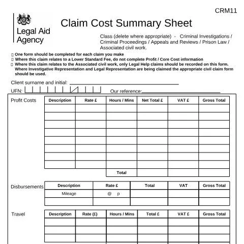 Document preview: How to Complete CRM11 Forms for Legal Aid Cost Recovery — Legal & justice