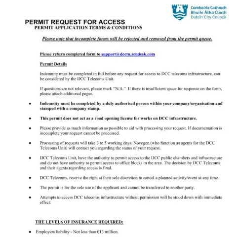 Document preview: Application for Access to Dublin City Council Telecoms Infrastructure — Government & admin
