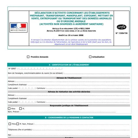 Aperçu du document Formulaire 13984*06 : qui doit déclarer ses activités alimentaires ? — Consommation (CERFA n°13984*06)