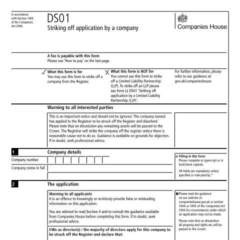 Document preview: How to Use DS01 Form for Voluntary Company Strike Off — Business