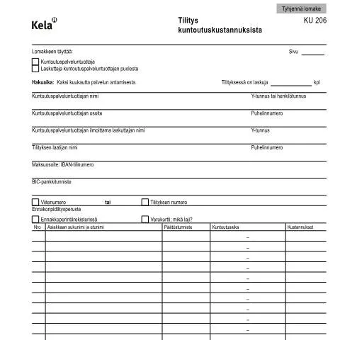 Document preview: Kela KU 206: Kuntoutuskustannusten ilmoittaminen — Terveys (CERFA n°Kela KU 206)
