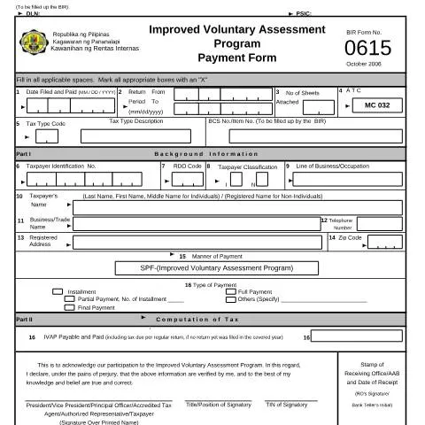 Document preview: Understanding BIR Form No. 0615 for Tax Payments — Government & admin (CERFA n°0615)