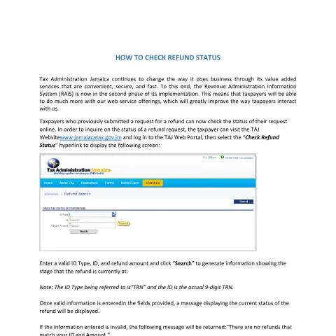 Document preview: Verify Your Refund Status with Jamaica's Official Form — Government & admin (CERFA n°eServices+-+Check+Refund+Status)