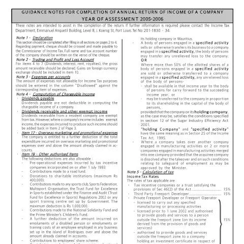 Document preview: Navigating Notes on I.T Form 3 for Companies in Mauritius — Taxes (CERFA n°com0506n)
